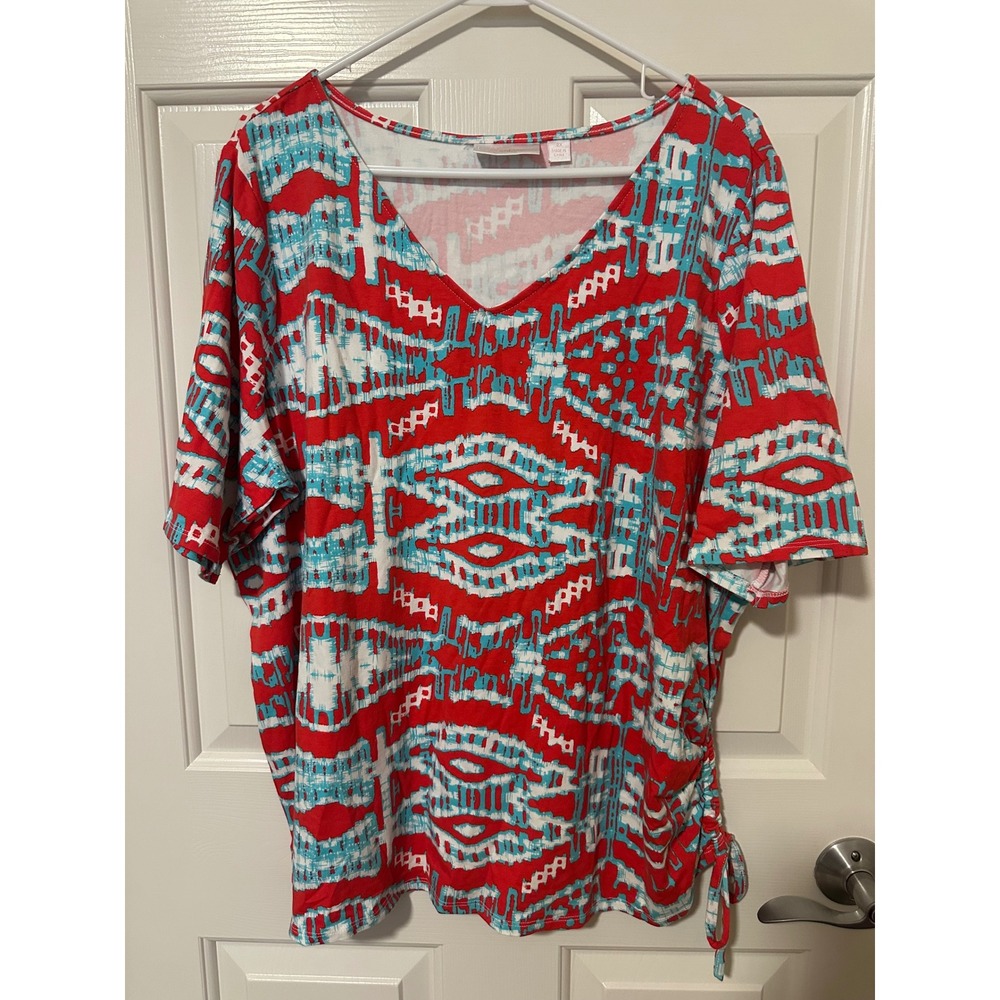 Belle by Kim Gravel Top Womens 2X Red Blue Ikat Side Cinch V-Neck Short Sleeve
